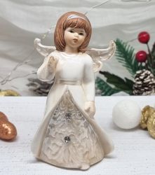  9cmx6cm-es lomszp porceln angyal, strasszos, antikolt ruhban: jobb kezvel ldst kld