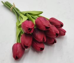  10 szlas csokor, 32cm hossz, 4,5cm-es fej, gynyr, leth real tuch gumitulipn: burgundi