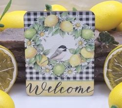  8cmx6cm-es sznes fa dekor tbla: Welcome, citromkoszors-madrks