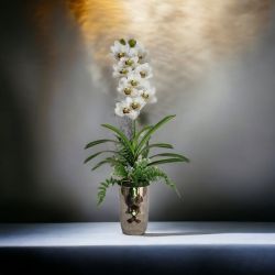  80cm magas, gondozsmentes, gynyr, Real Touch Cymbidium Orchidea, tkrfnyes ezst kaspban: fehr